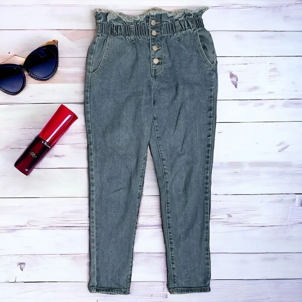 Tinseltown Juniors Button Front Paper Bag Waist Jeans Blue Denim Size 5